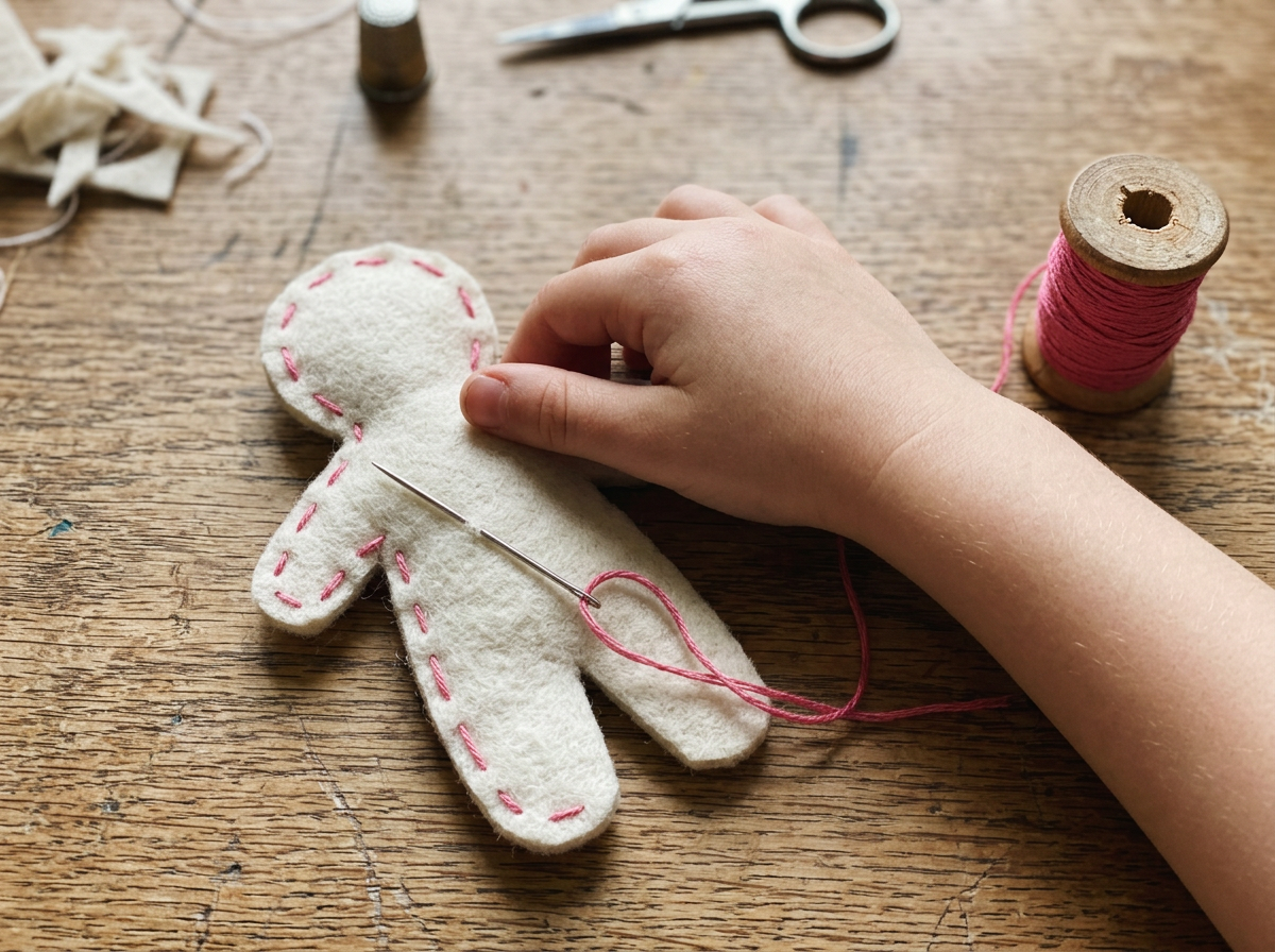 Big uneven stitches around a felt doll shape