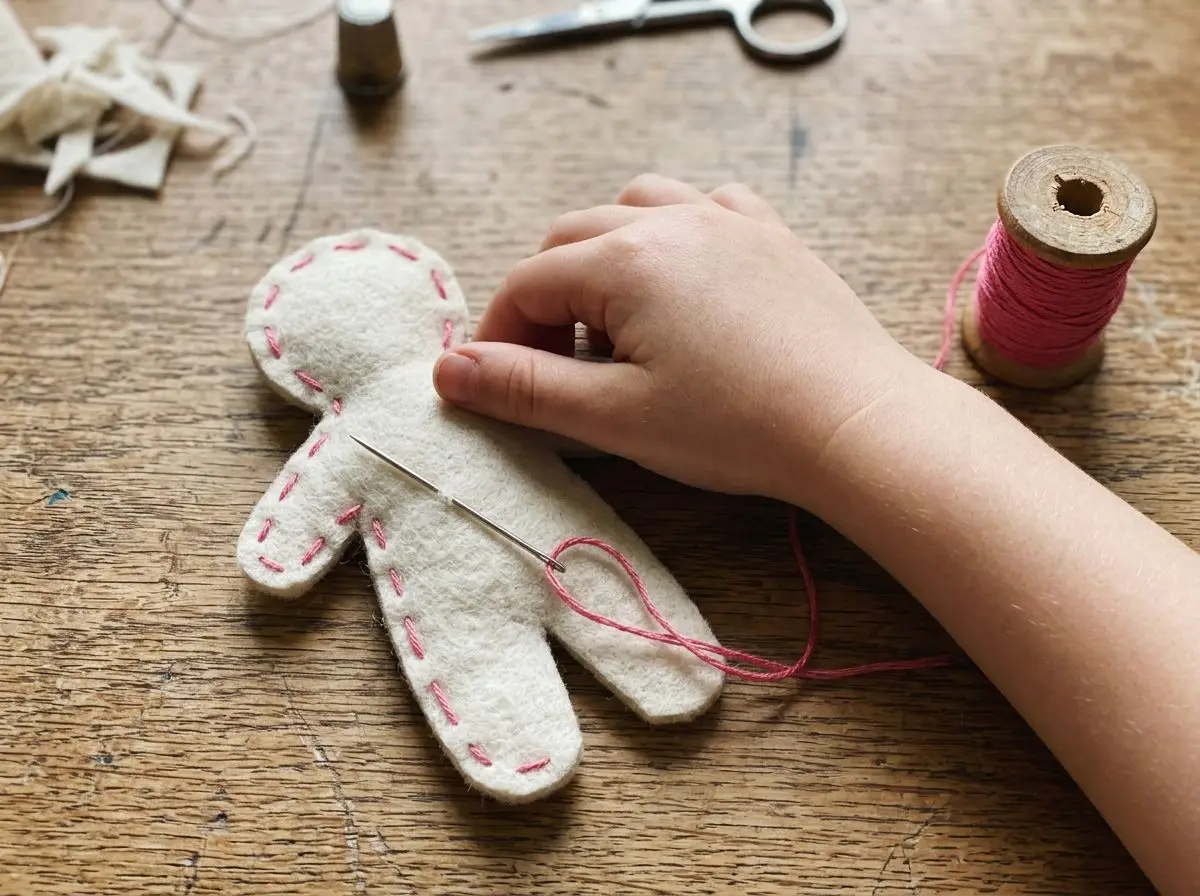 Big uneven stitches around a felt doll shape