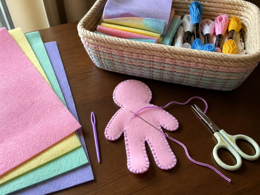 The sewing basket with felt, floss and a threaded blunt needle