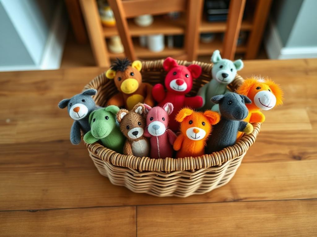 The whole cast lined up along the rim of the basket.