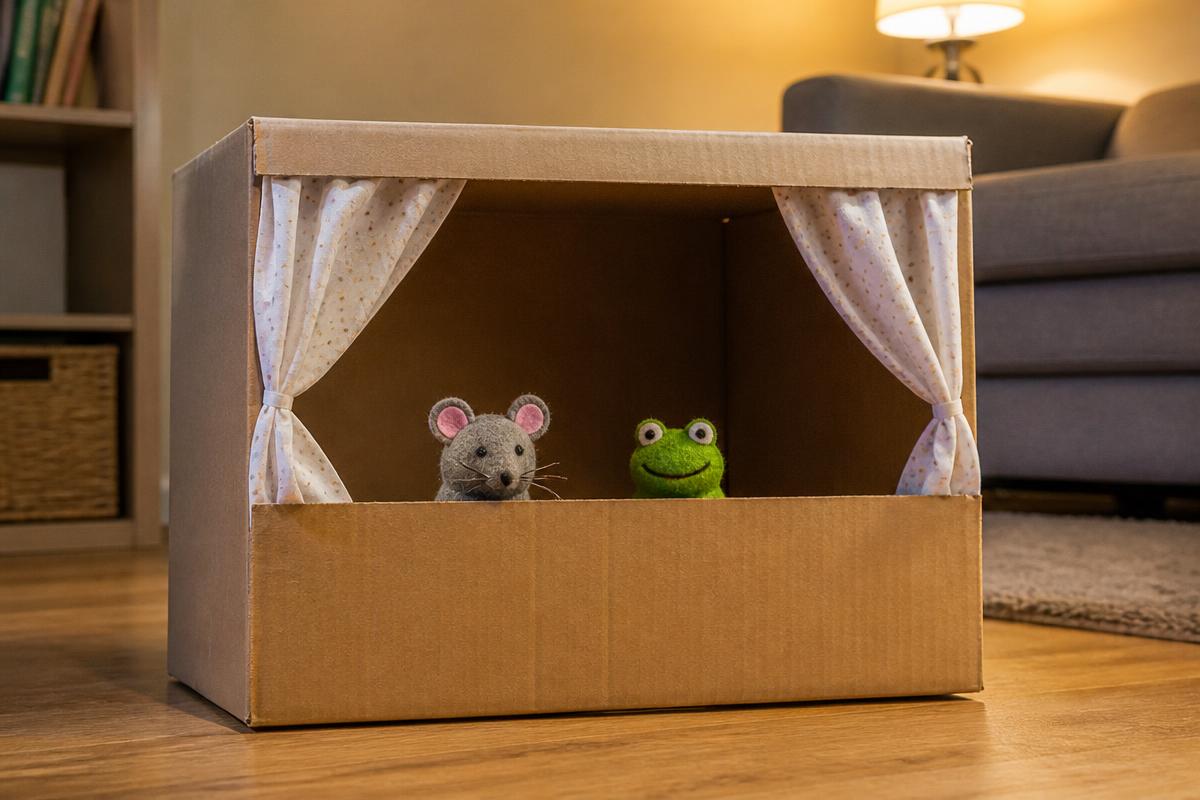 A box, a tea towel and two puppets: a whole theatre.