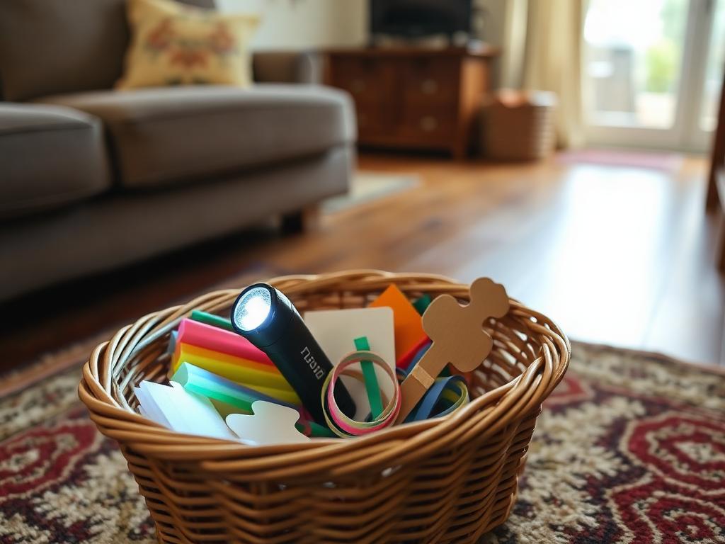 The basket: torches, cellophane squares, rubber bands and card shapes.