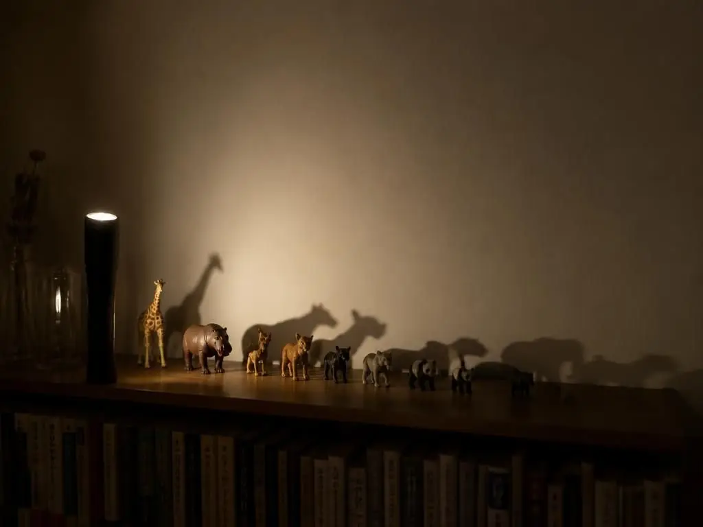 A shelf, a torch behind the animals, and a whole wall of shadows.