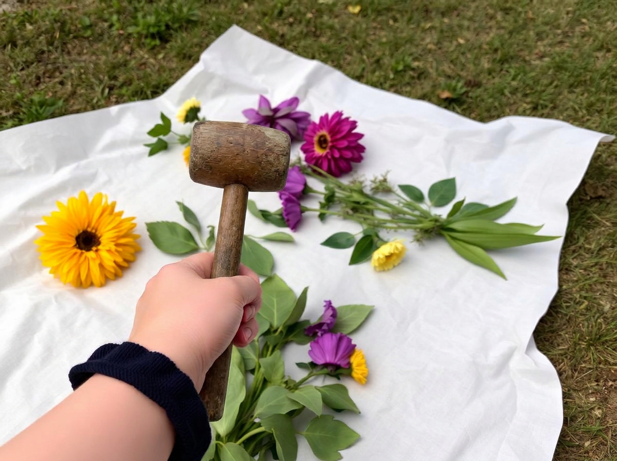 Flowers laid out on cotton, mallet ready