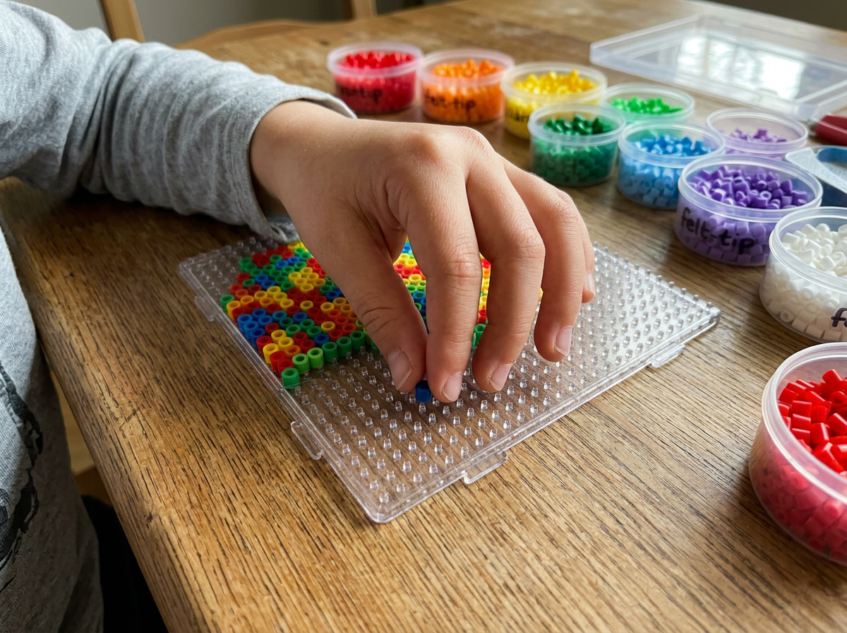 Beads sorted by color, filling the board one at a time