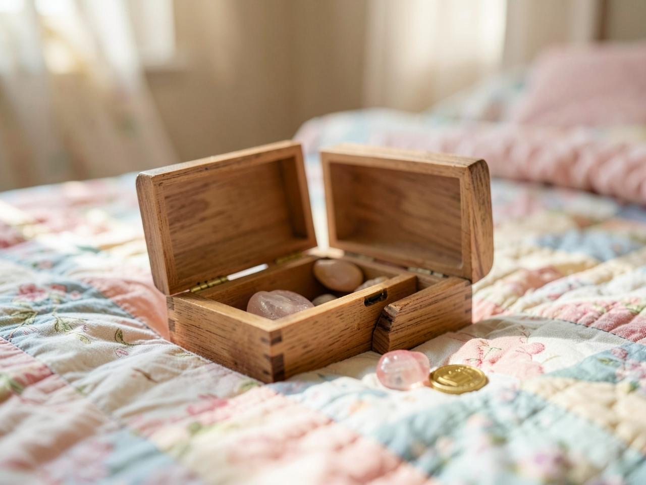 A keepsake box for the teeth, a gemstone heart and one small coin.