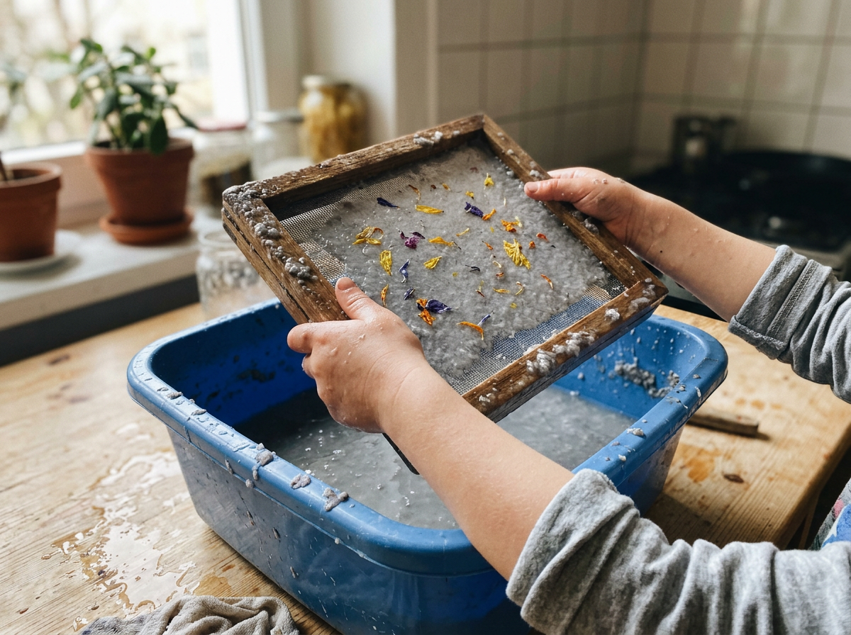 Pulp in the bowl and the screen lifting a fresh wet sheet