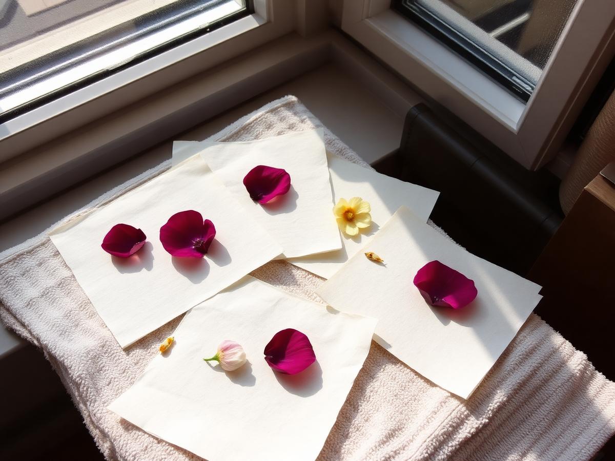 Petal-flecked sheets drying by the window