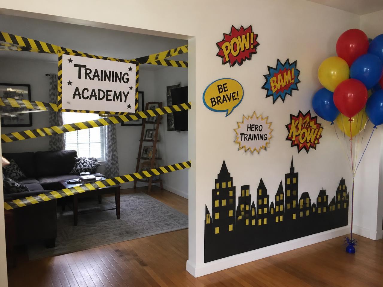 Caution tape, speech bubbles and a paper skyline.