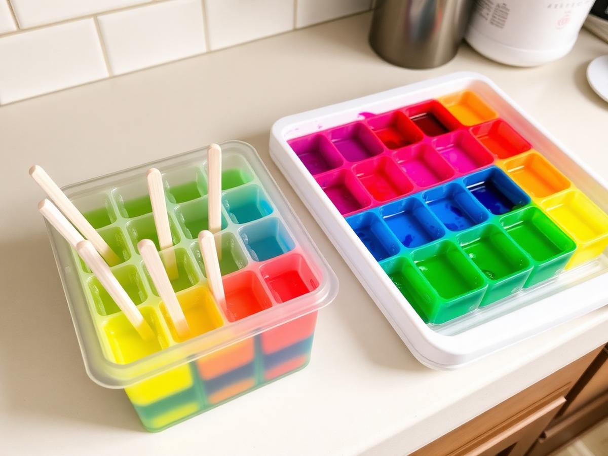 Trays of colored water freezing overnight with sticks for handles