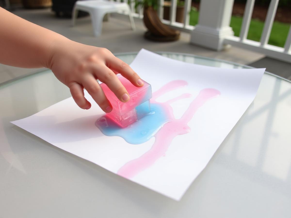 Dragging a melting cube across thick paper, leaving wet color behind