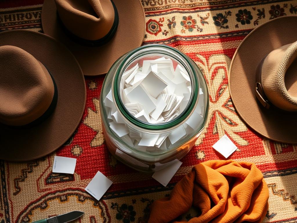 The jar of folded prompts — pull one out and the scene starts.