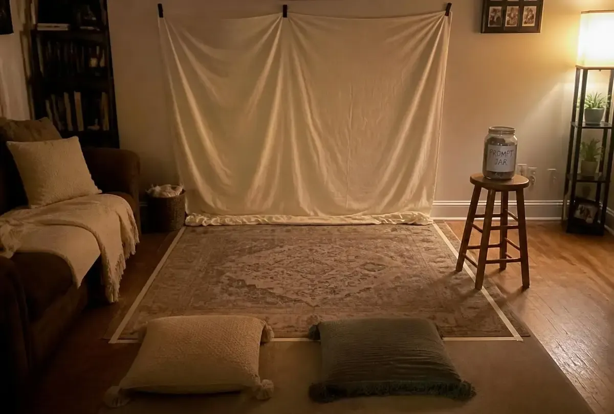 A rug, a row of cushions, and a lamp for a spotlight.