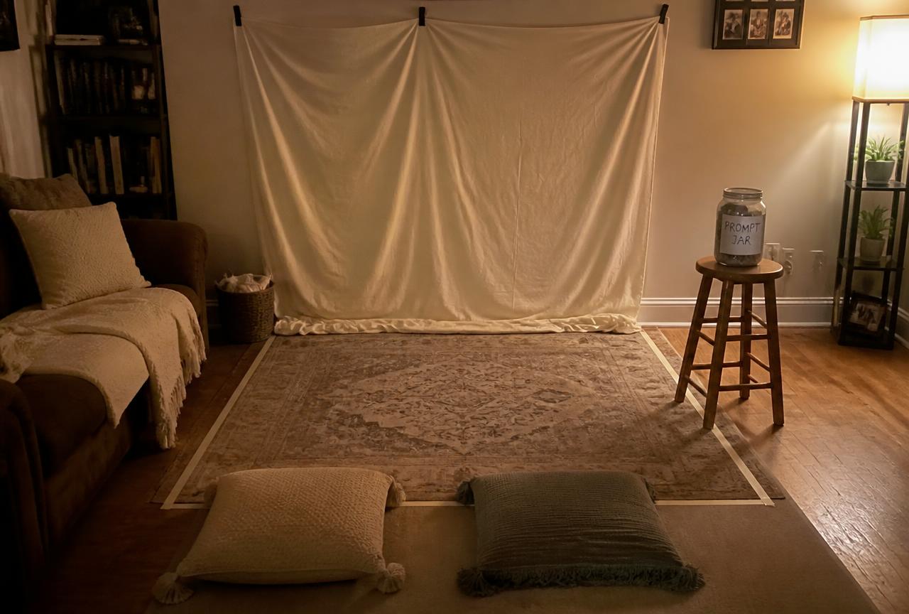 A rug, a row of cushions, and a lamp for a spotlight.