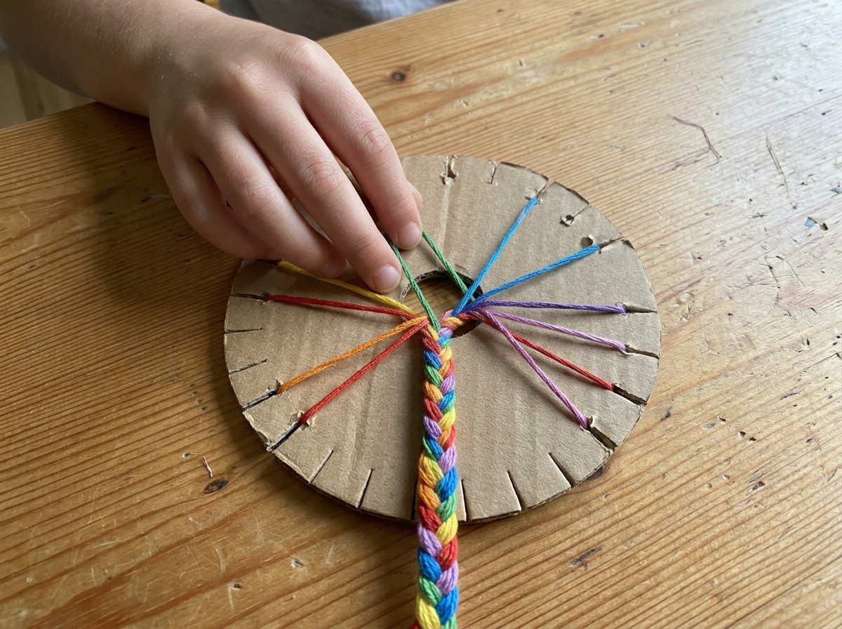 Threads clipped into the cardboard disc, mid braid