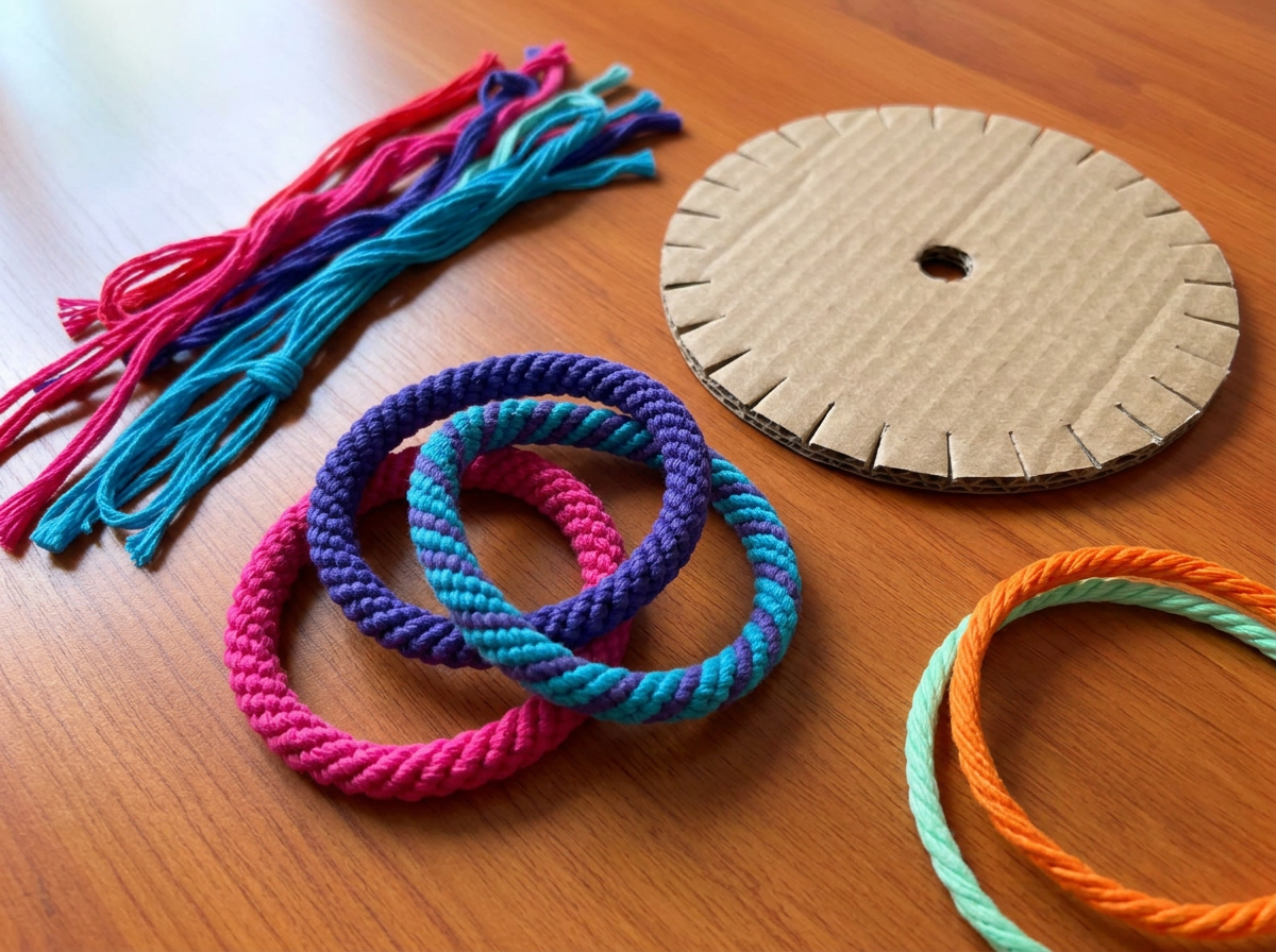 A pile of finished bracelets waiting to be given away