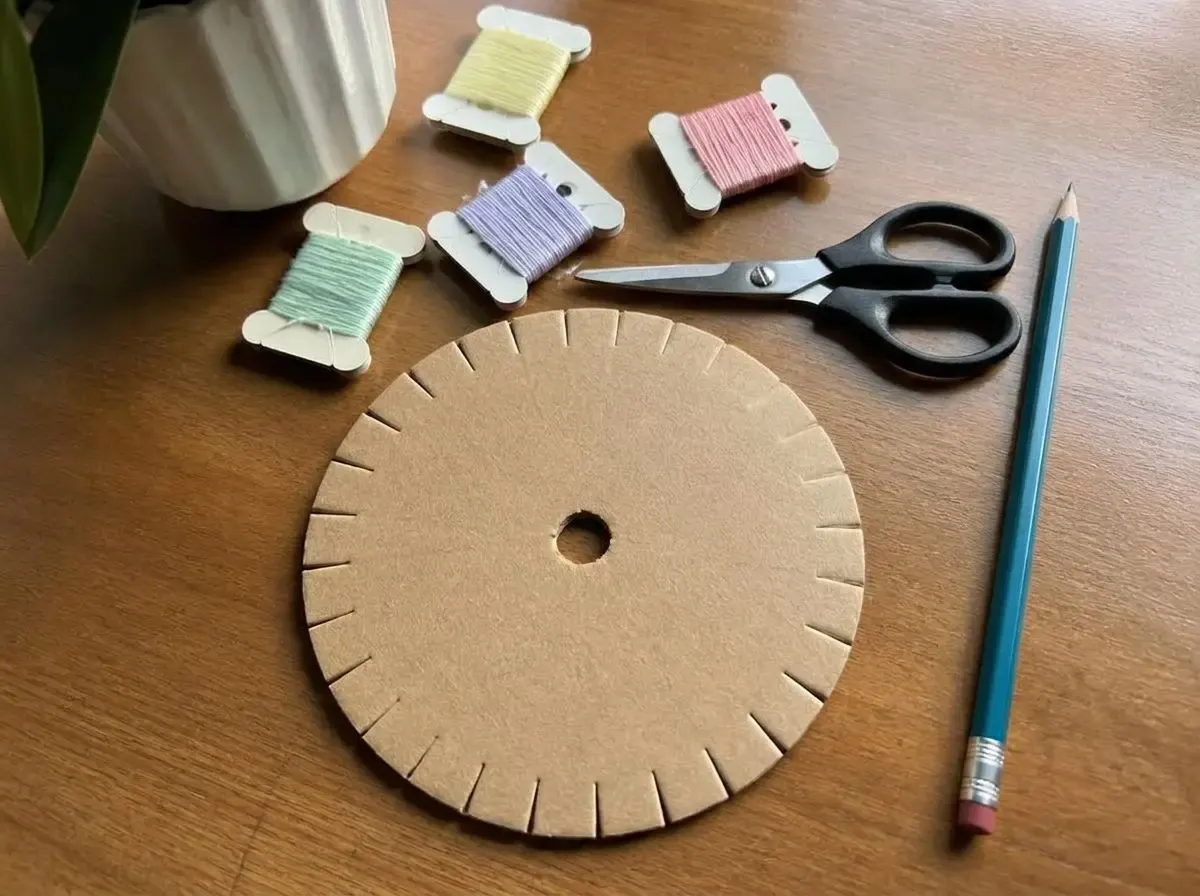 The homemade cardboard disc and floss, ready to start