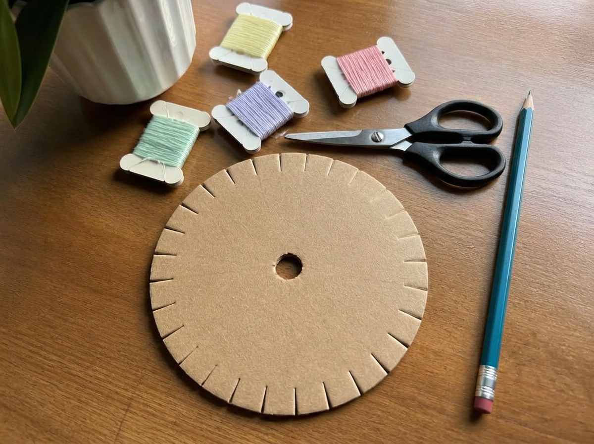 The homemade cardboard disc and floss, ready to start