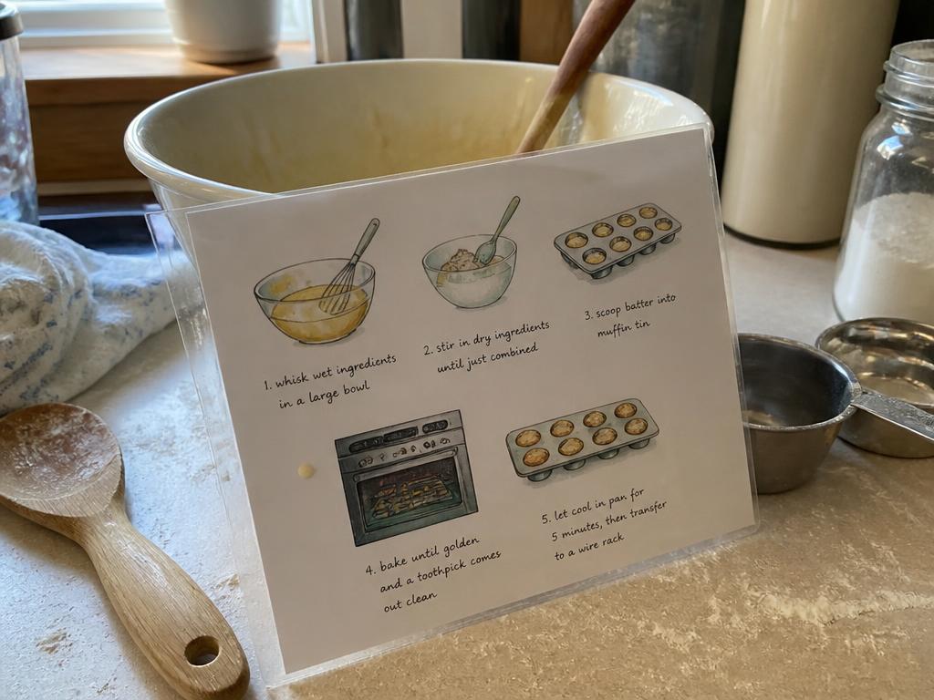 A laminated picture recipe card leaning against the bowl — batter drops wipe straight off.