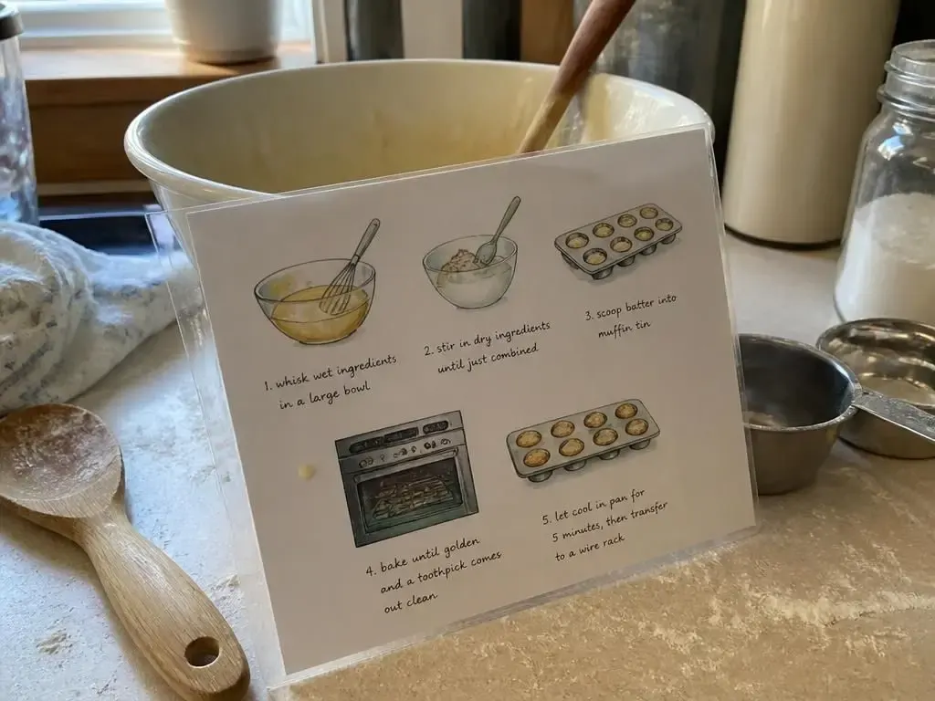 A laminated picture recipe card leaning against the bowl — batter drops wipe straight off.