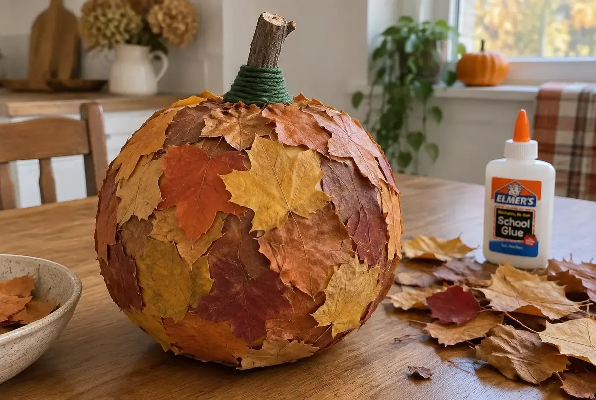 Leaves, glue, a balloon and one night of drying under something heavy.