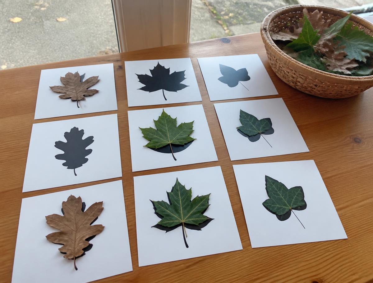 Leaf silhouette match cards (A4 PDF) printable for kids