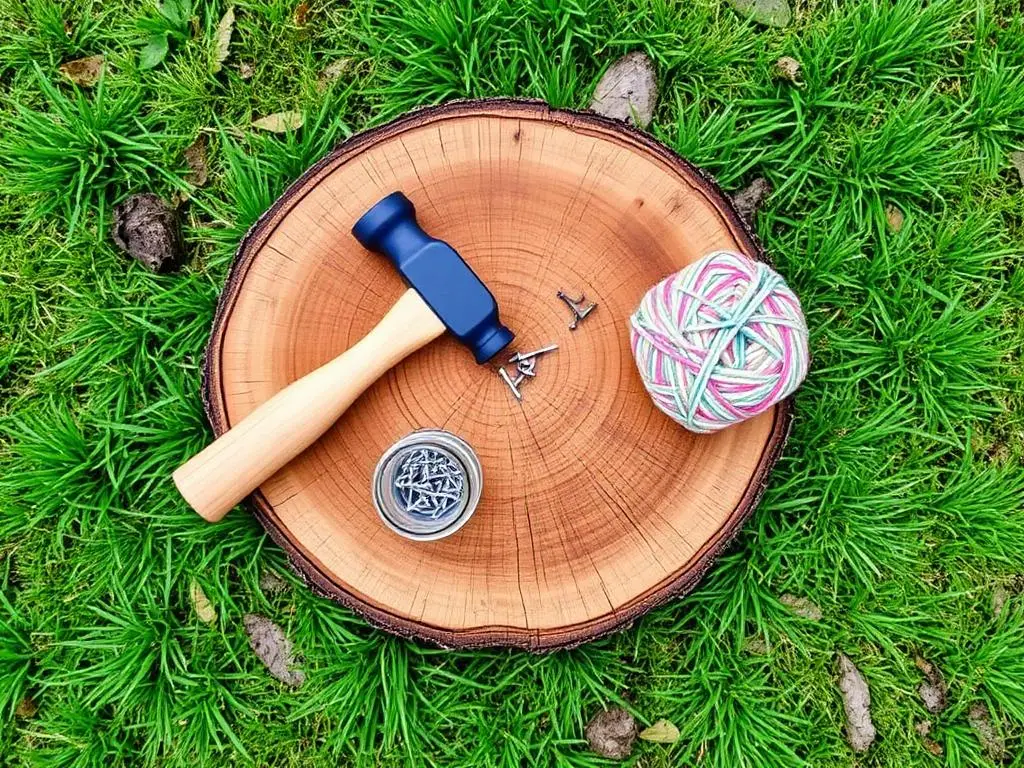A log slice, a real small hammer, a jar of nails and a ball of yarn.