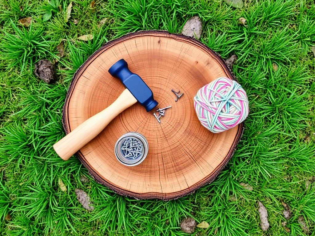A log slice, a real small hammer, a jar of nails and a ball of yarn.