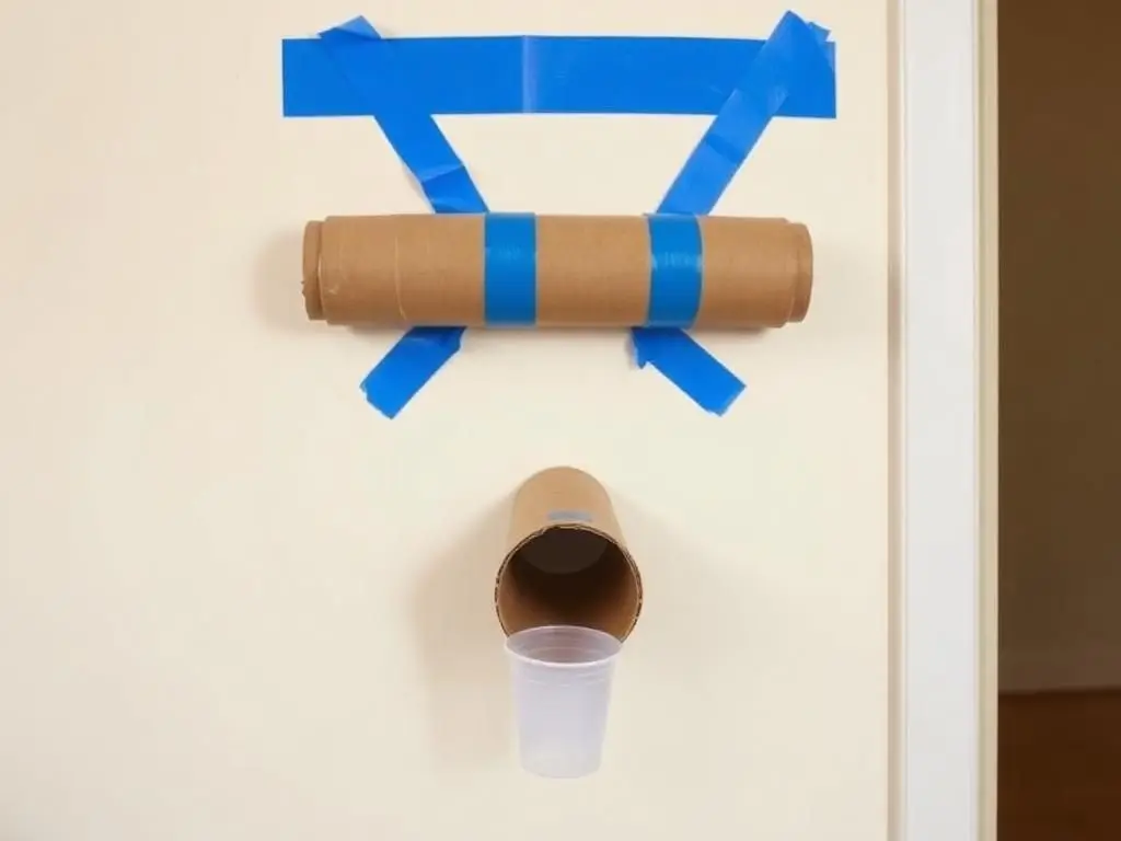 Tubes taped down the wall with a cup at the bottom to catch the marble.