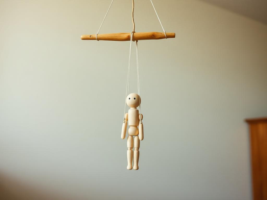 Four strings tied on and the puppet hangs, ready to move.