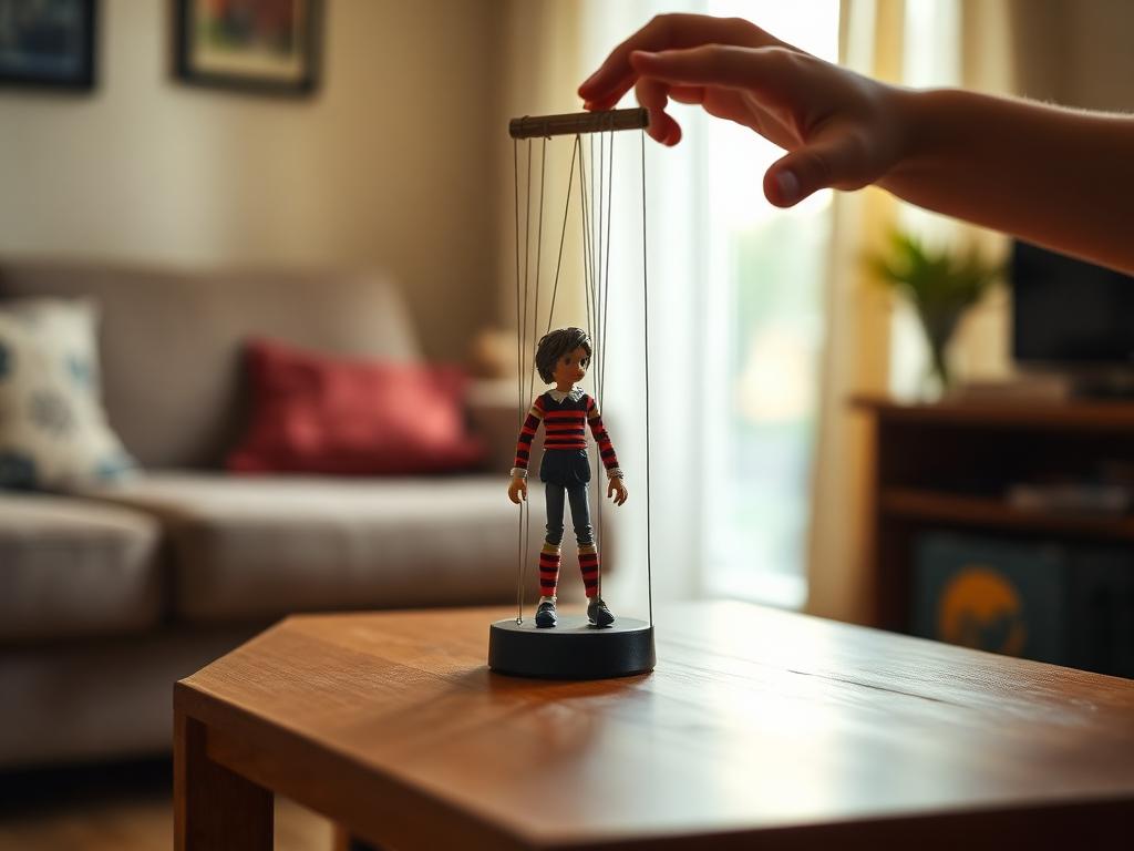 Tilt the bar gently and the puppet walks across the table stage.