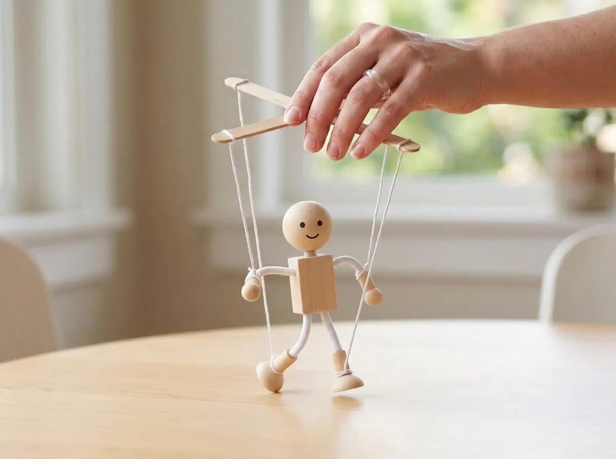 Hold the bar in the middle, tilt gently, and the puppet comes alive on the table.