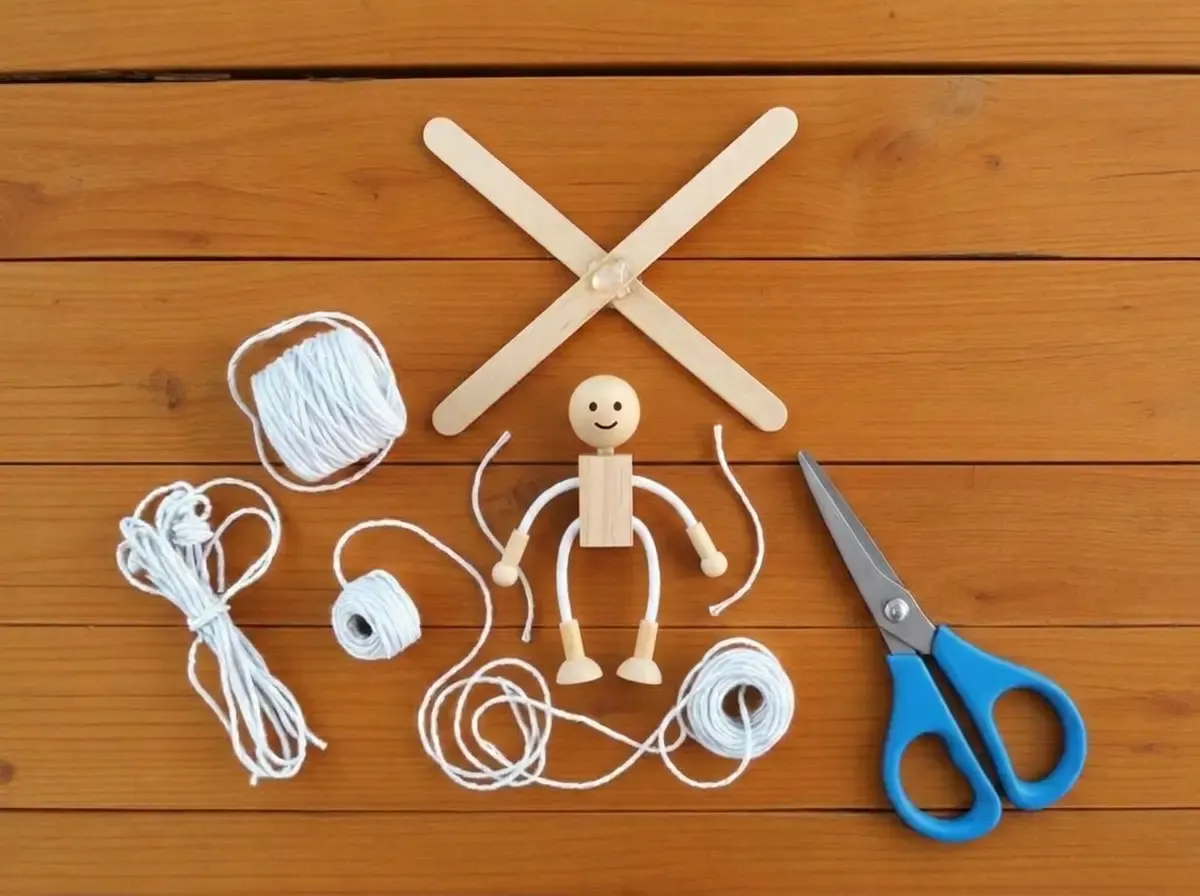 Two craft sticks hot glued into a cross, cotton string, tape and a bendable wooden doll: the whole kit.