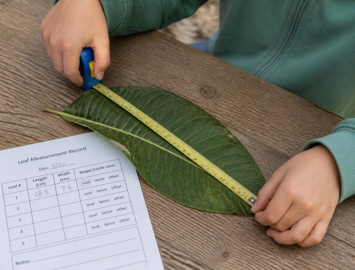 Measuring a leaf end to end, then writing it down before it curls up.