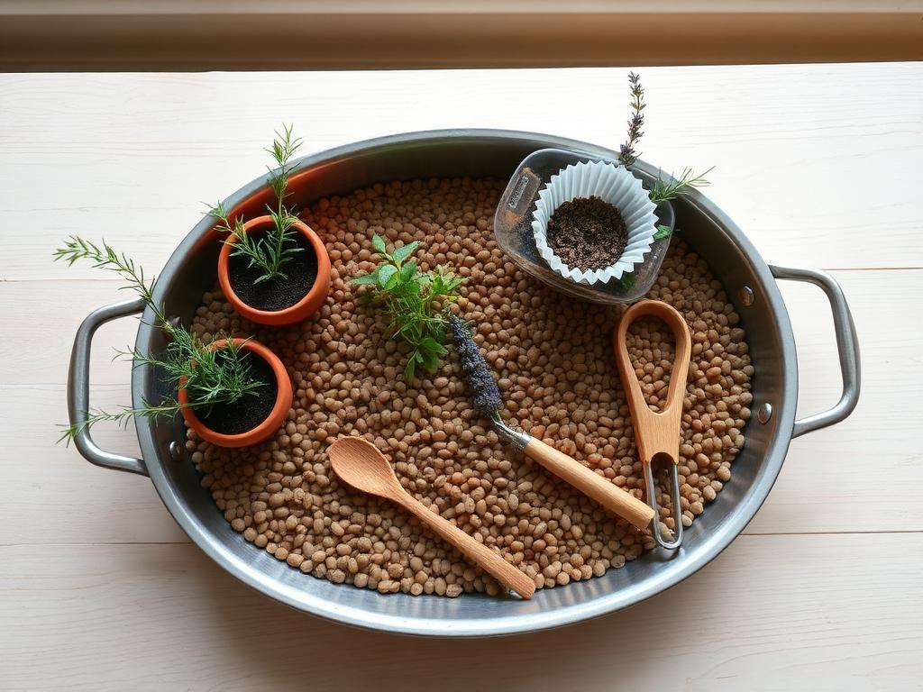 The tray set up with lentils, tiny pots and fresh herbs.