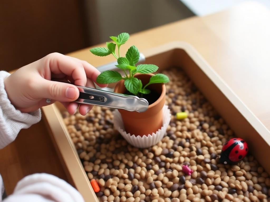 Planting the herb sprigs one by one.