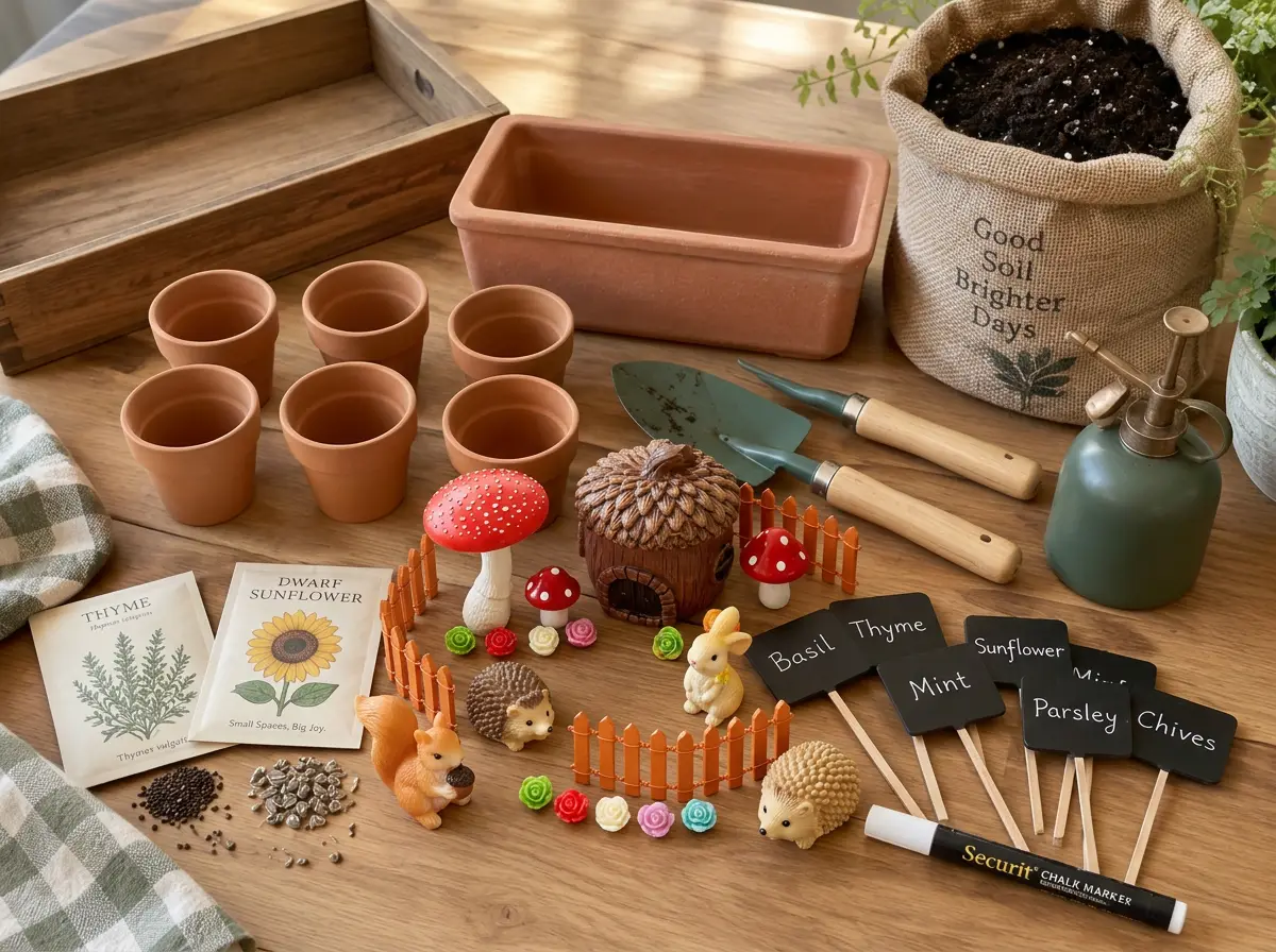 Everything ready on the table: a deep wooden tray, soil, tiny clay pots, tools, gravel, seeds, miniatures and the little markers.