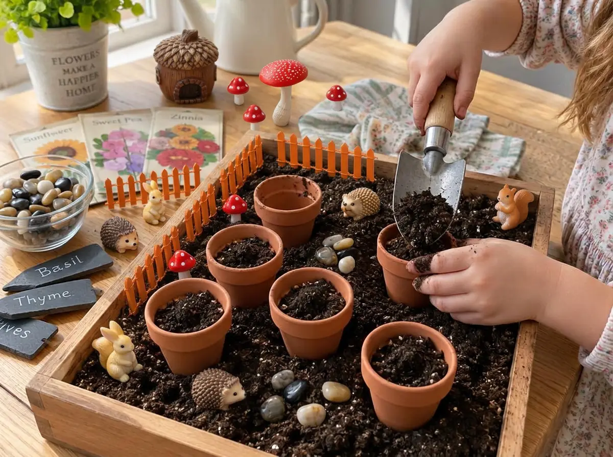 Filling the tiny clay pots with soil, right over the tray.