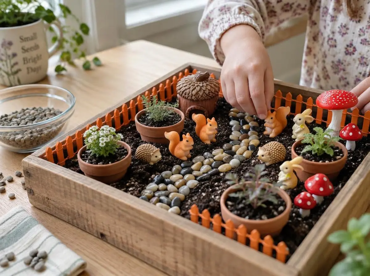 Laying the pebble path and placing the acorn house, mushrooms and animals between the pots.