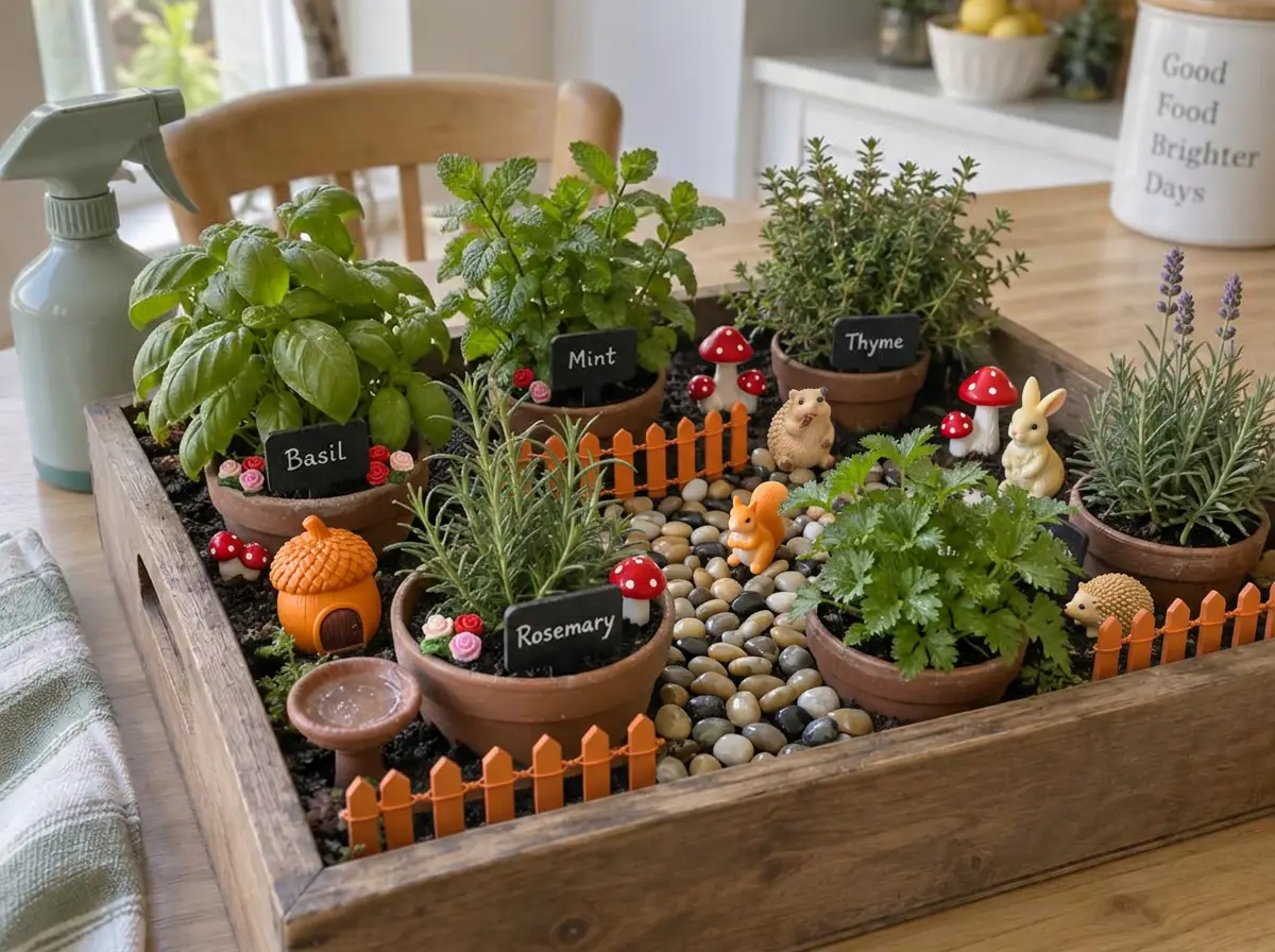 The finished garden, every herb with its own handwritten marker.