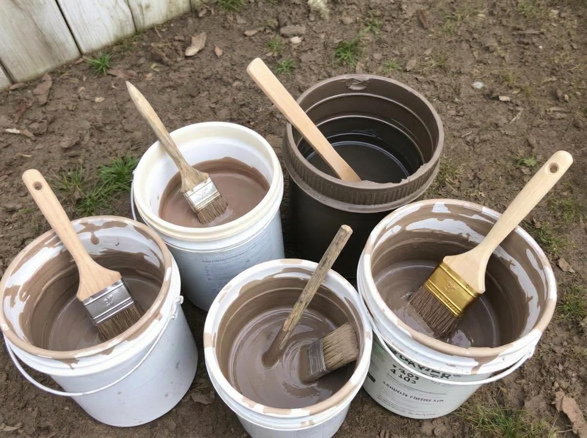 Buckets of thin and thick mud with sticks and brushes
