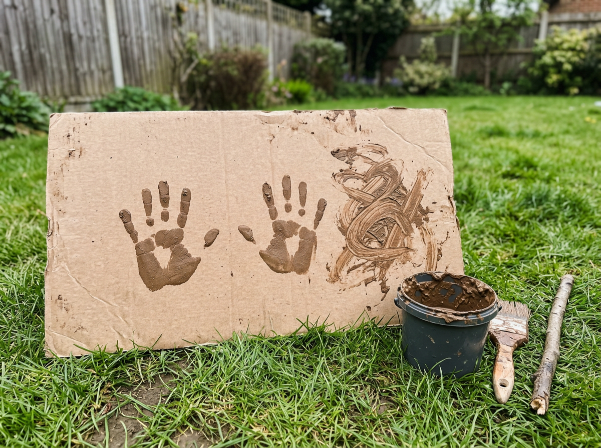 Handprints and swirls drying on cardboard in the grass