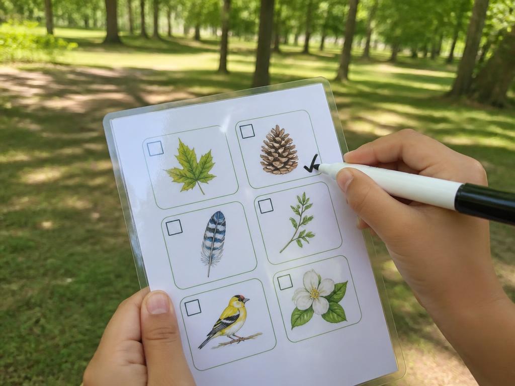 The nature bingo sheet, laminated and marked with a dry-erase marker mid-walk.