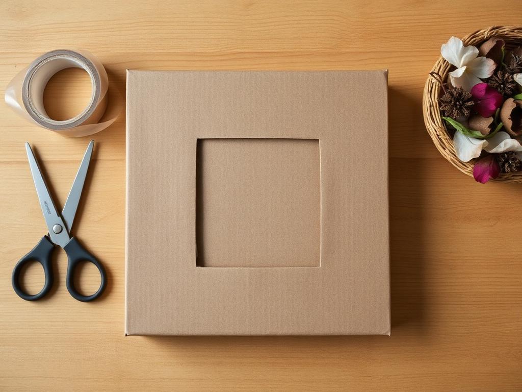 The cardboard frame and a basket of petals and leaves.