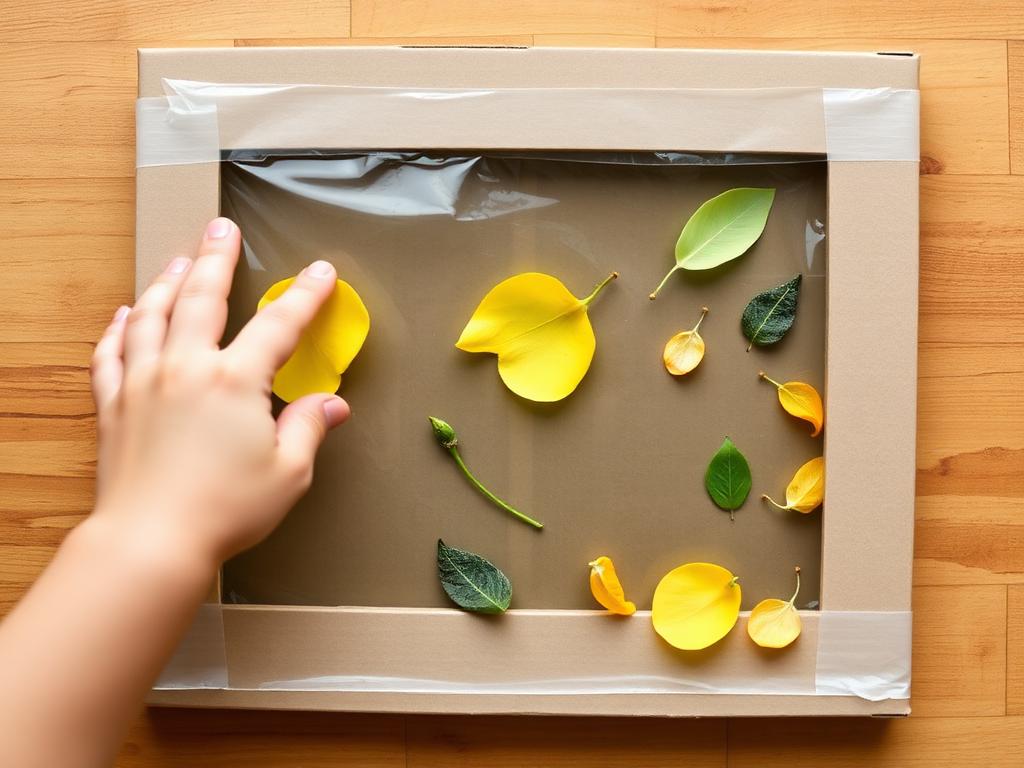 Pressing leaves onto the sticky tape.