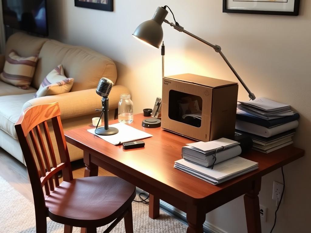 The news desk: a cardboard camera, a lamp and a microphone.