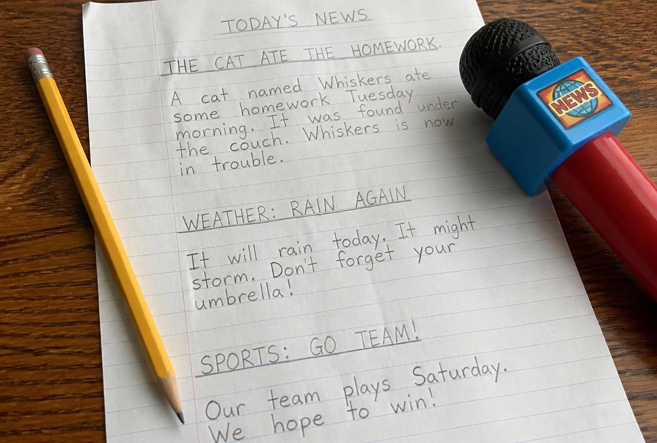 The running order on a clipboard: three stories, weather, goodbye.