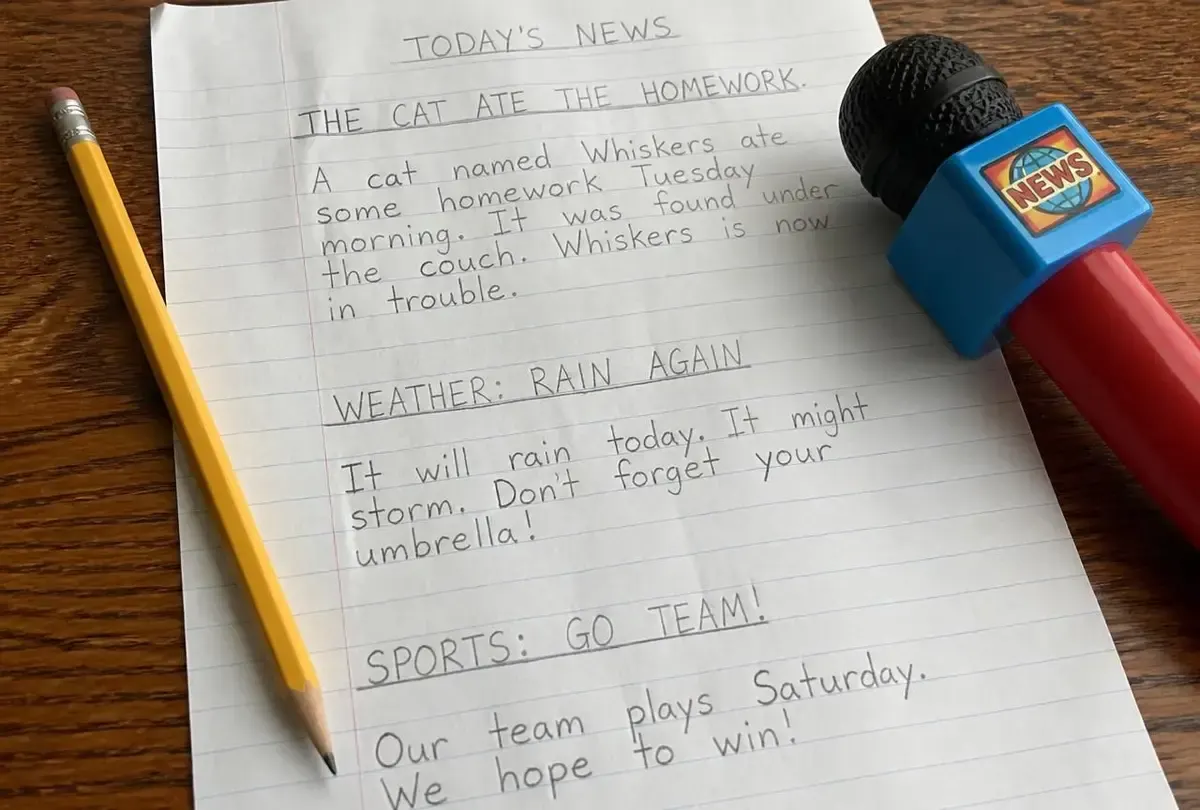 The running order on a clipboard: three stories, weather, goodbye.