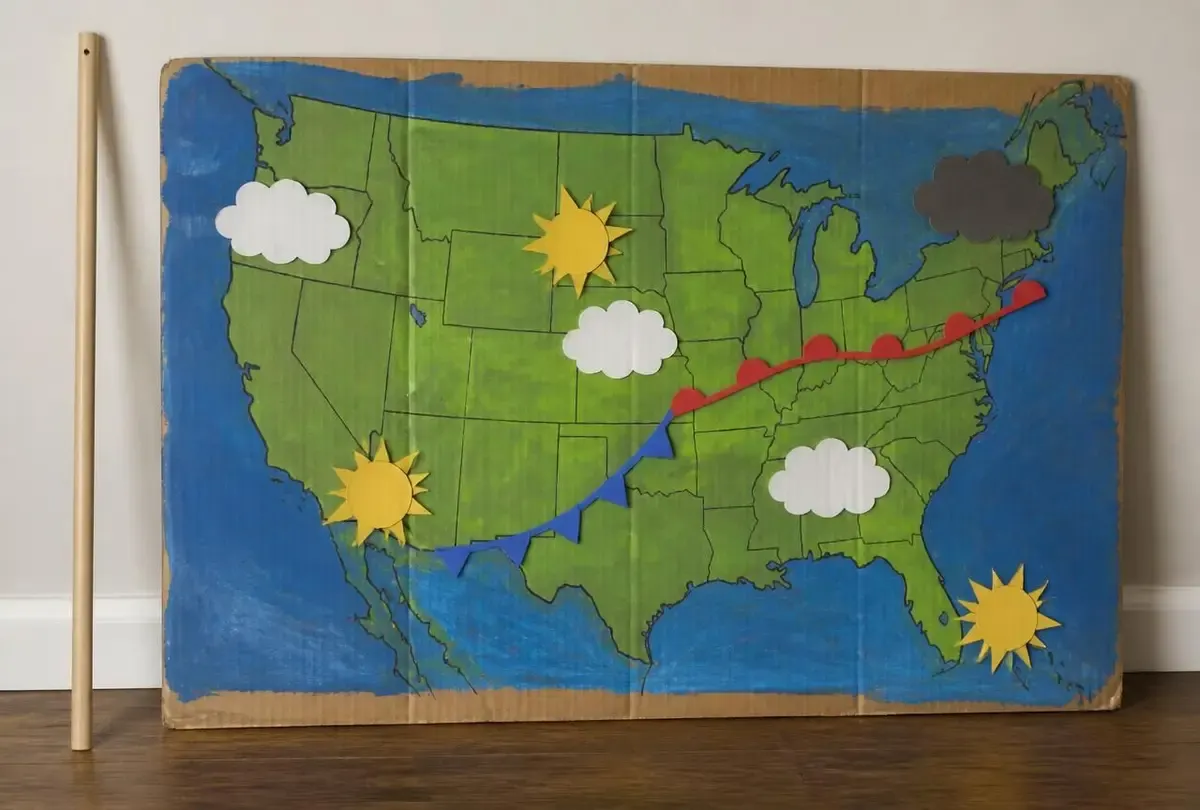 Tomorrow's real forecast, in cut-out symbols on a hand-drawn map.