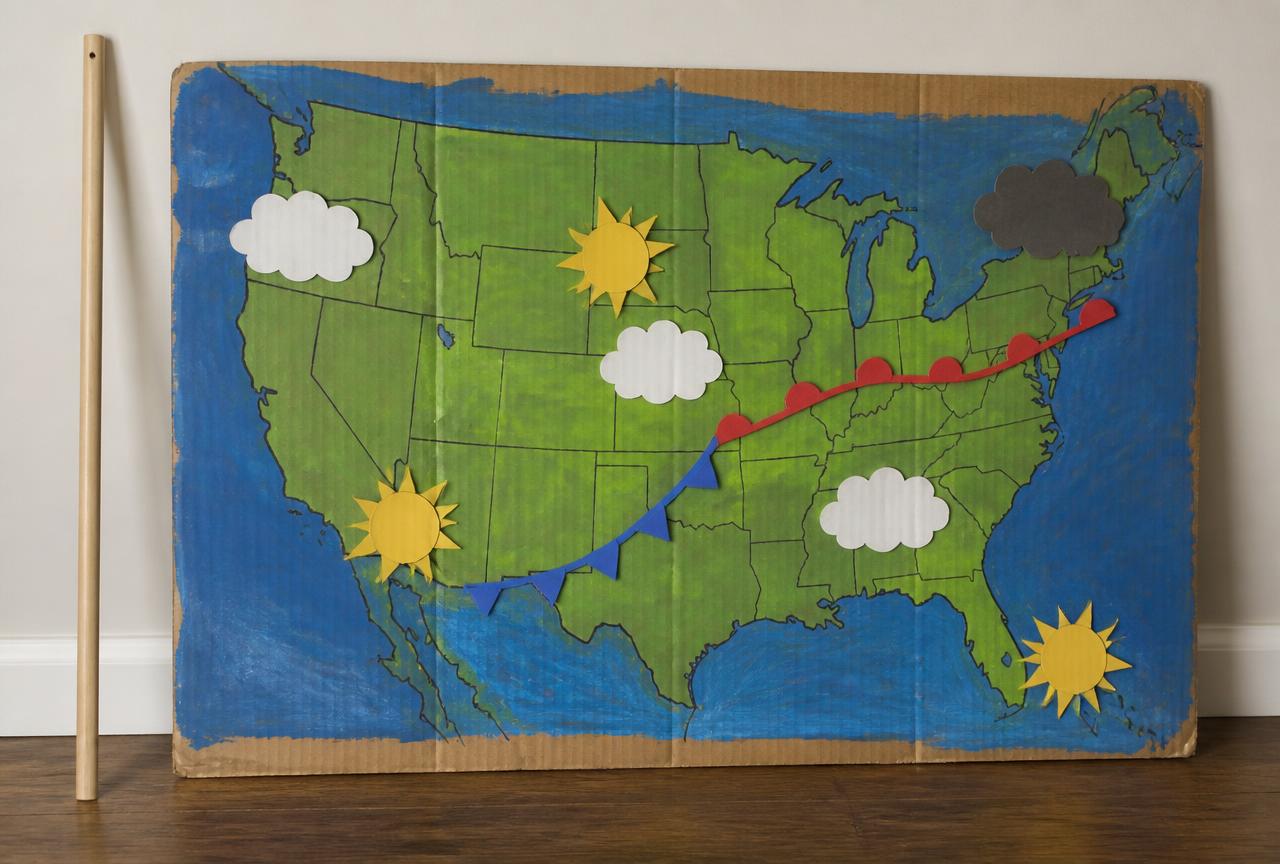 Tomorrow's real forecast, in cut-out symbols on a hand-drawn map.